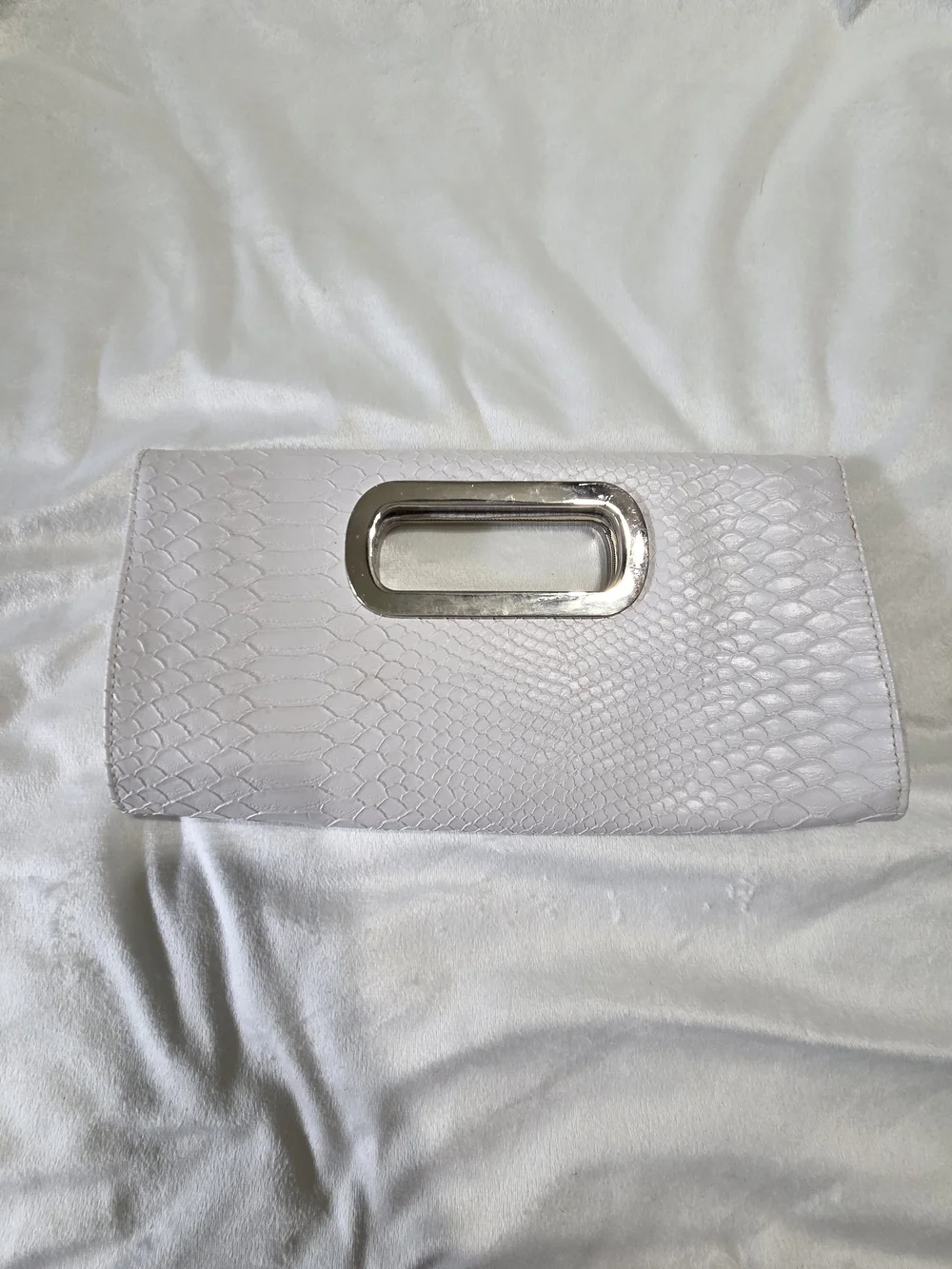 White Textured Faux-Snake Envelope Clutch with Metallic Handle Magnetic Closure